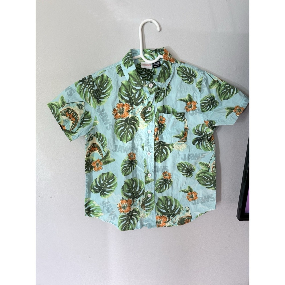 Boy Youth Shirt Hawaiian Tropical Summer Button Up Bright Color Jaws Shark 5/6